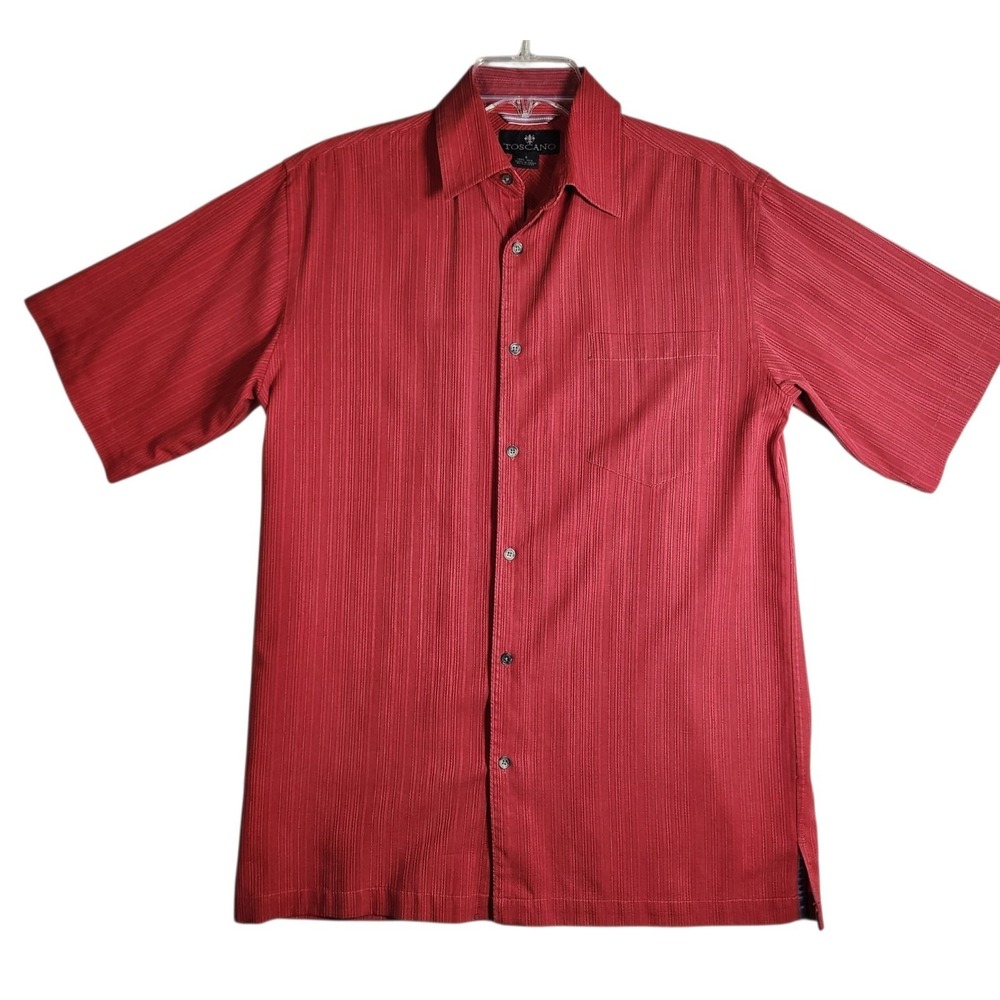 Toscano 100% Silk Red Short Sleeve Button Up Shirt Men's Small Textured Stripe